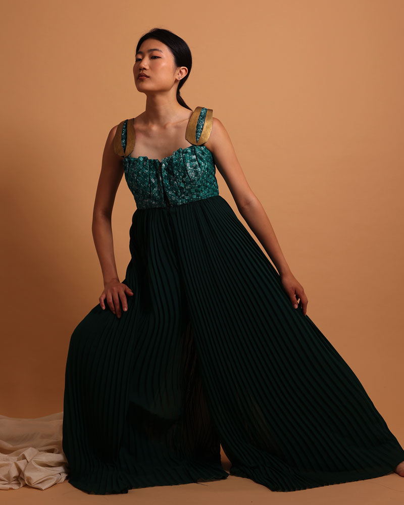 Combinaison pantalon plissé vert pour femme - Kroskel, la marque de vêtements luxe pour femme