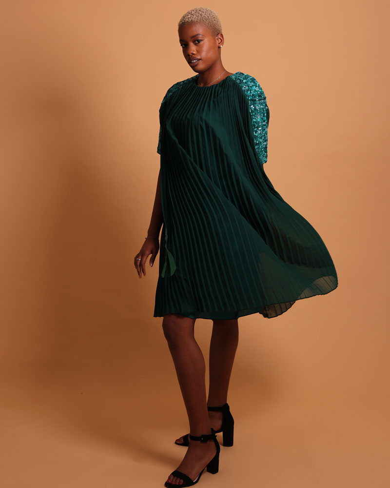 Robe verte plissée mi-longue pour femme - La robe luxe femme Plume