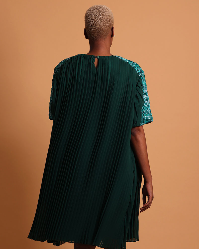 Robe verte plissée mi-longue pour femme - La robe luxe femme Plume