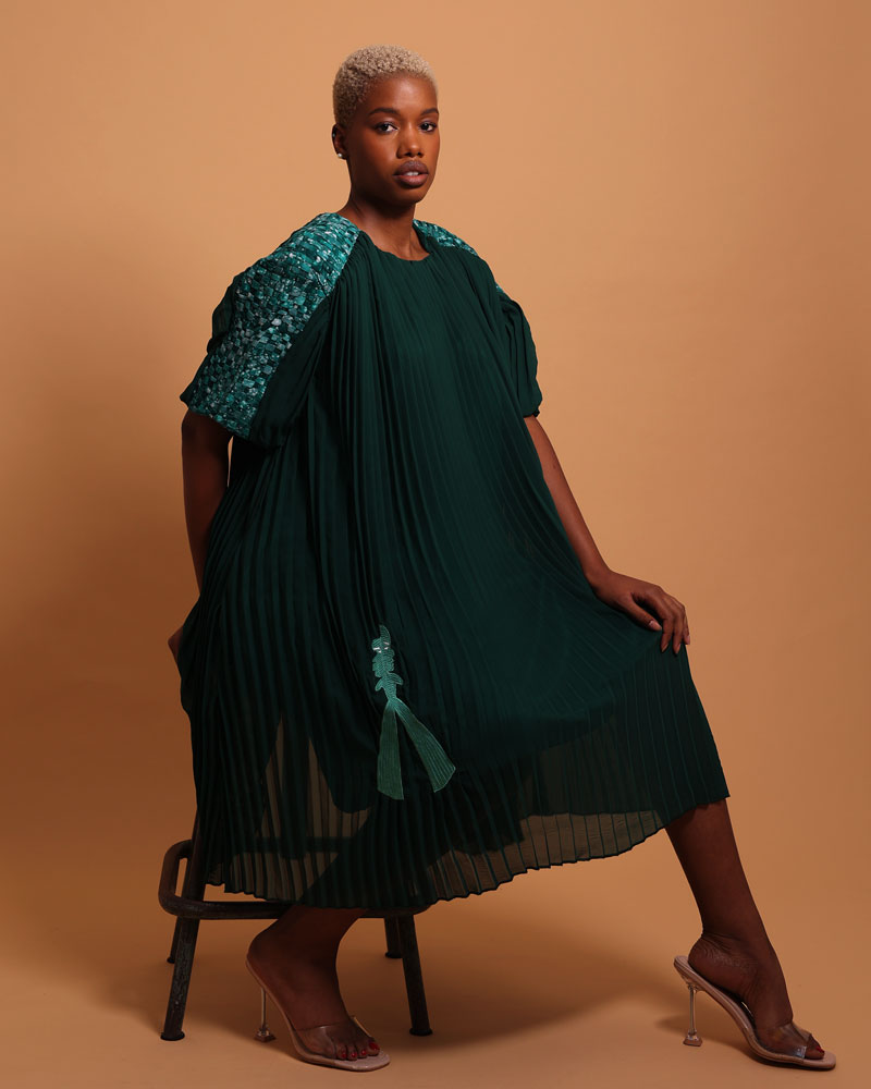 Robe verte plissée mi-longue pour femme - La robe luxe femme Plume